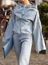 DEAT Women's Denim Loose Coat Long Flare Sleeve Burr  Irregular Patchwork Solid Color Jackets 2024 Summer American Retro 29L1211