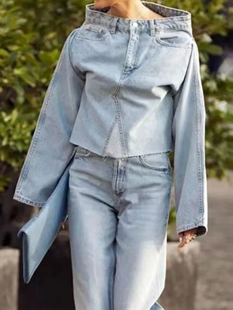 DEAT Women's Denim Loose Coat Long Flare Sleeve Burr  Irregular Patchwork Solid Color Jackets 2024 Summer American Retro 29L1211