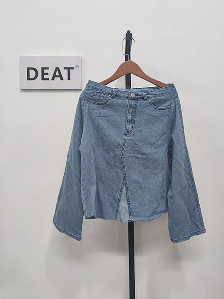 DEAT Women's Denim Loose Coat Long Flare Sleeve Burr  Irregular Patchwork Solid Color Jackets 2024 Summer American Retro 29L1211