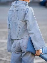 DEAT Women's Denim Loose Coat Long Flare Sleeve Burr  Irregular Patchwork Solid Color Jackets 2024 Summer American Retro 29L1211