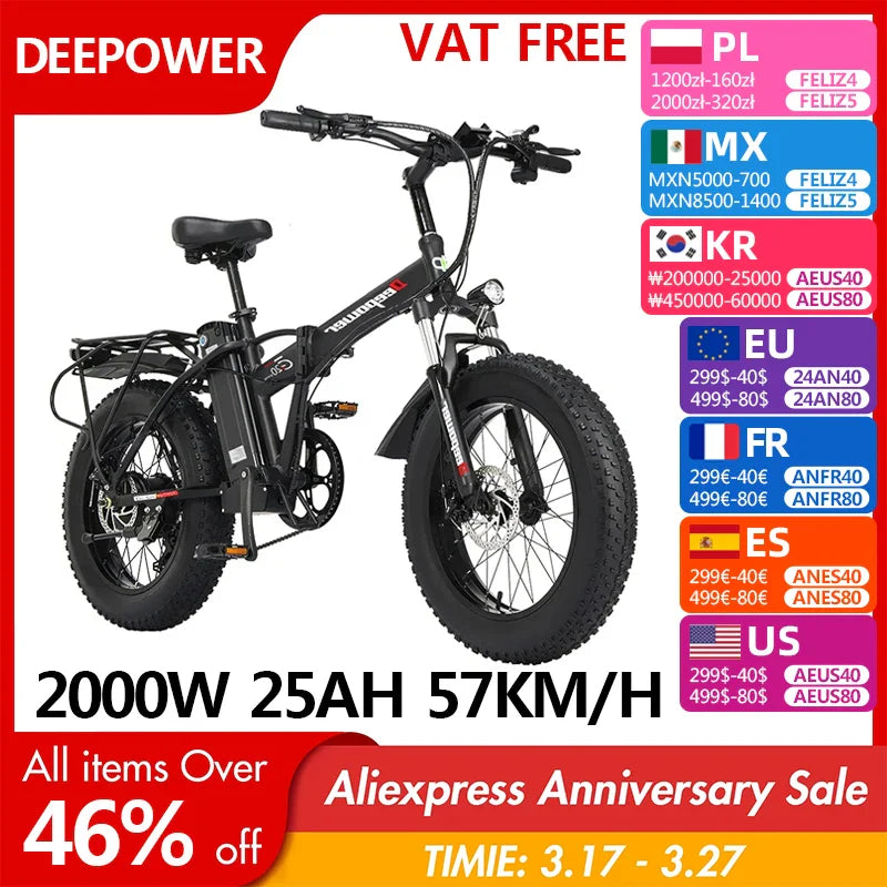 DEEPOWER 2000W Adults Electric Bike Bicycle 1000W 48V 12.8AH 20 Inch Off-Road Tire Folding Electric E Bikes Mountain Ebike