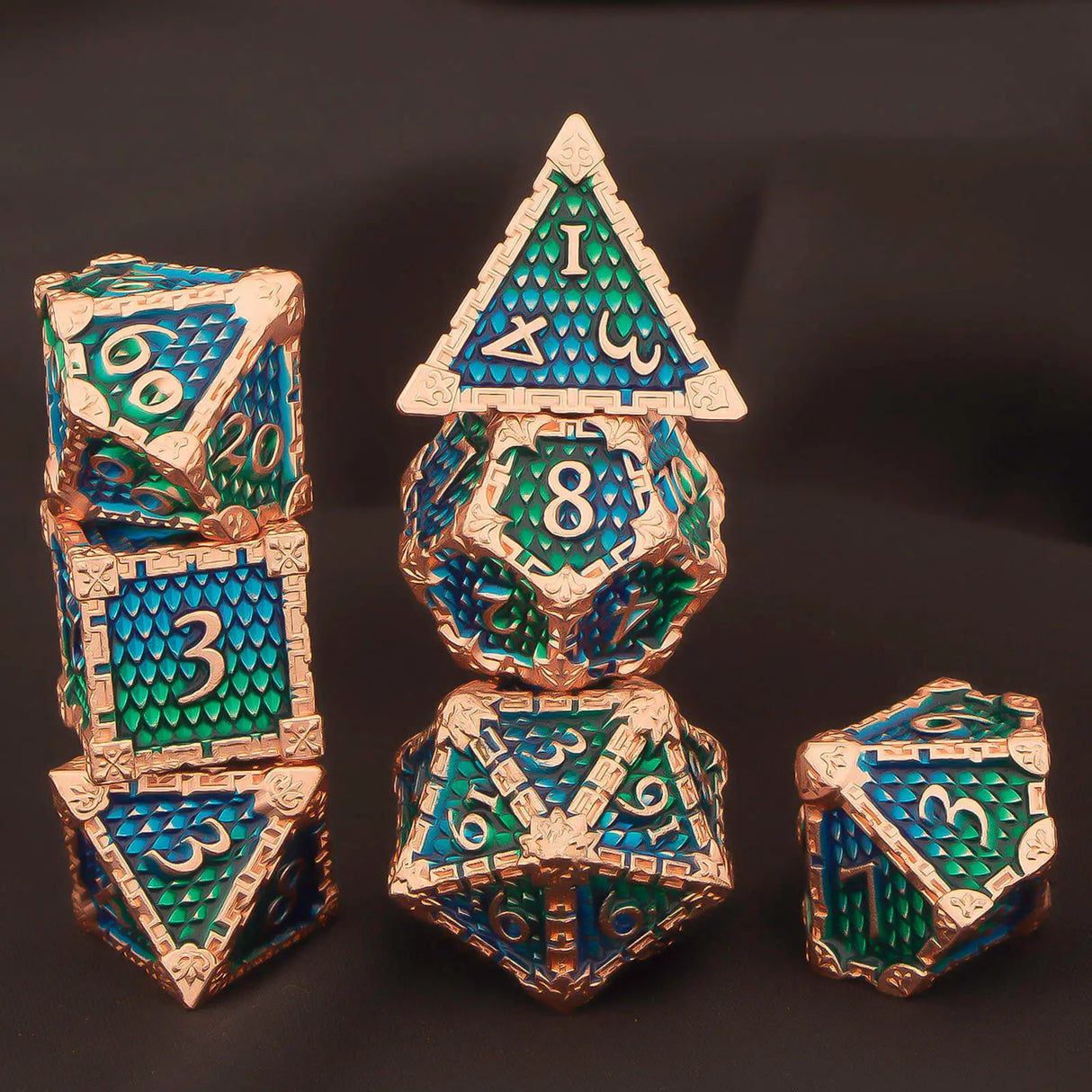 DND Metal Dice Set Green Blue Purple Dungeon and Dragon scale Dice D&D Polyhedral RPG D and D Role Playing Games Dice