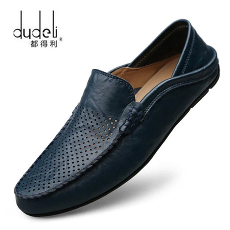 DUDELI Italian Summer Hollow Shoes Men Casual Luxury Brand Genuine Leather Loafers Men Breathable Boat Shoes Slip On Moccasins