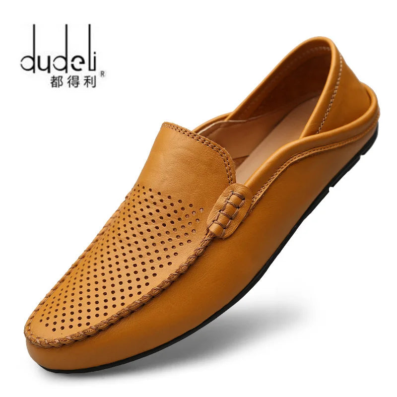 DUDELI Italian Summer Hollow Shoes Men Casual Luxury Brand Genuine Leather Loafers Men Breathable Boat Shoes Slip On Moccasins