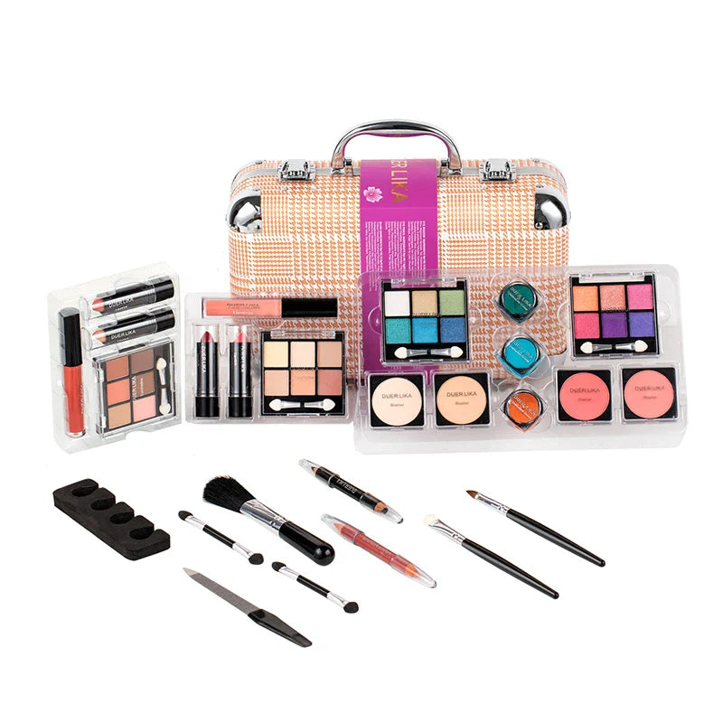 DUER LIKA Pink Houndstooth Professional 24 Color Eyeshadow Blush Cosmetic Foundation Face Powder Makeup Sets Eye Shadows Palette