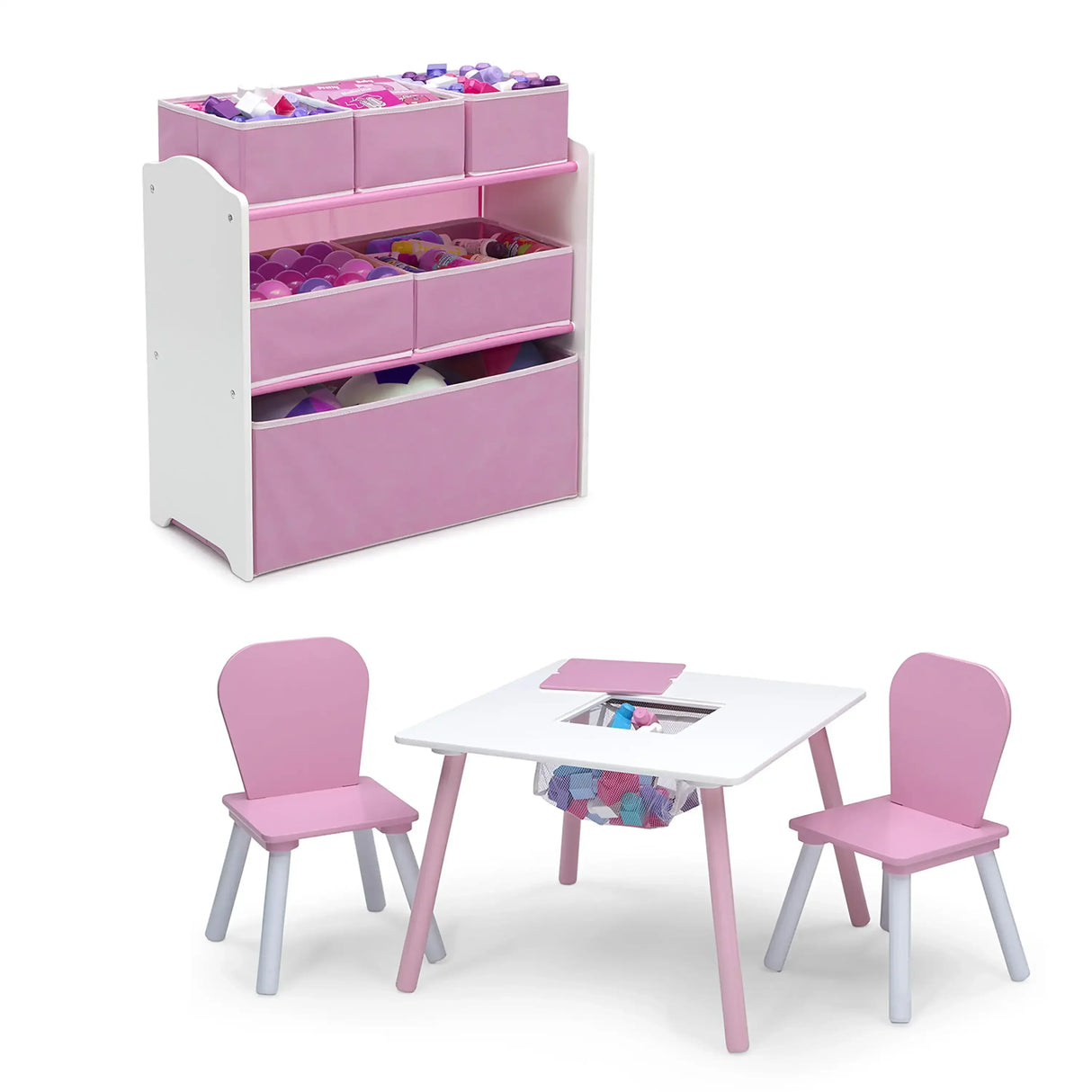Delta Children 4-Piece Toddler Playroom Set, Pink/White school desk and chair  kid table and chair