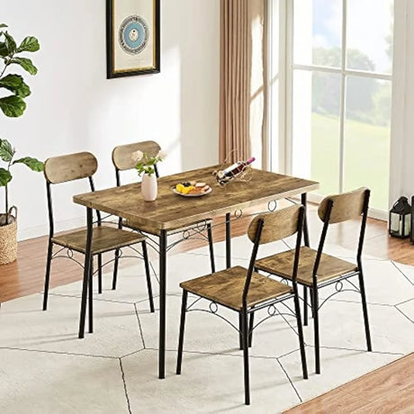 Dining Table Set 5 Piece Dinette with Chairs for Kitchen, Breakfast Nook and Small Space, Brown, Table & Chair for 4