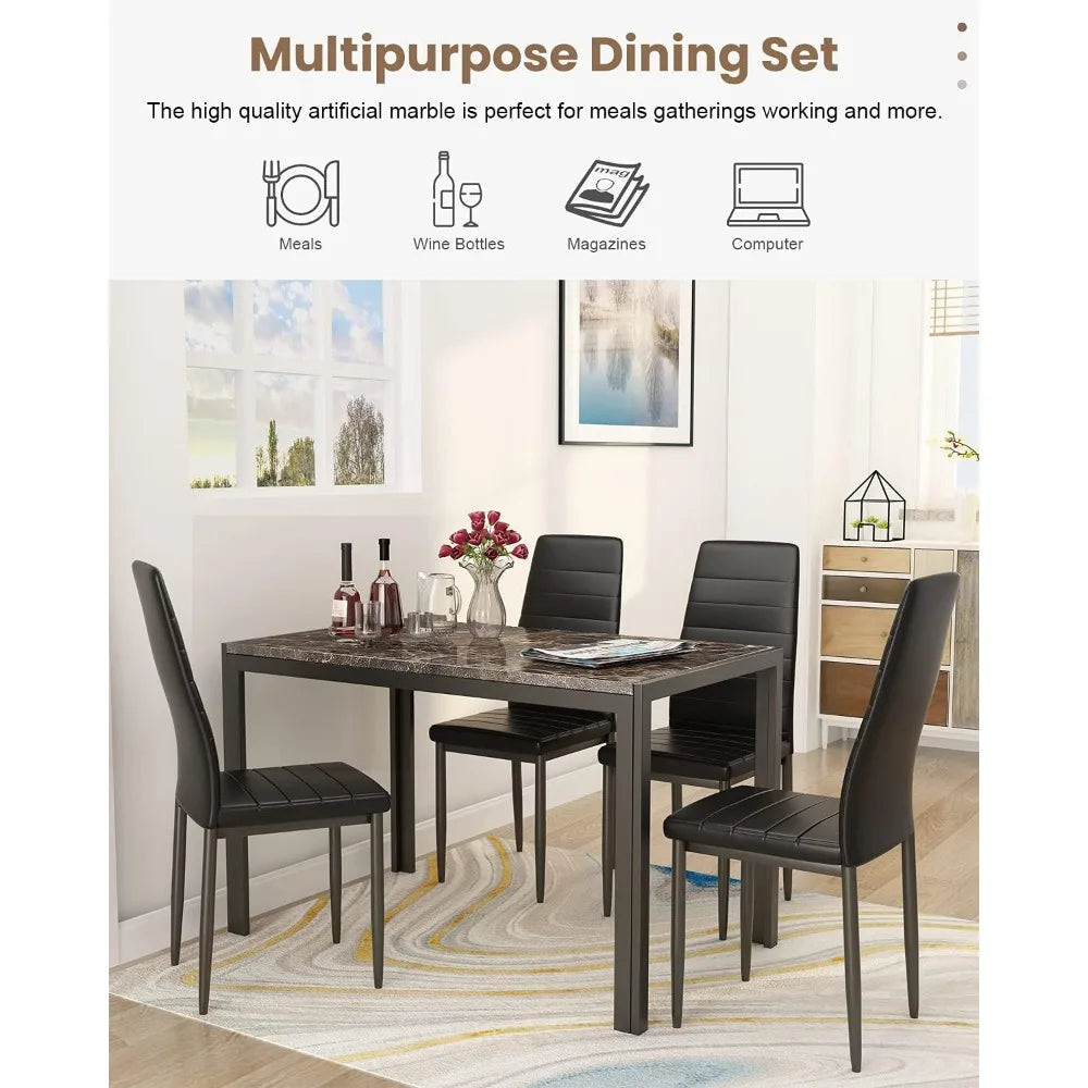 Dining Table Set 5 Piece, Marble Top and High Chairs for Breakfast Nook Small Spaces(Brown), Modern Kitchen Table