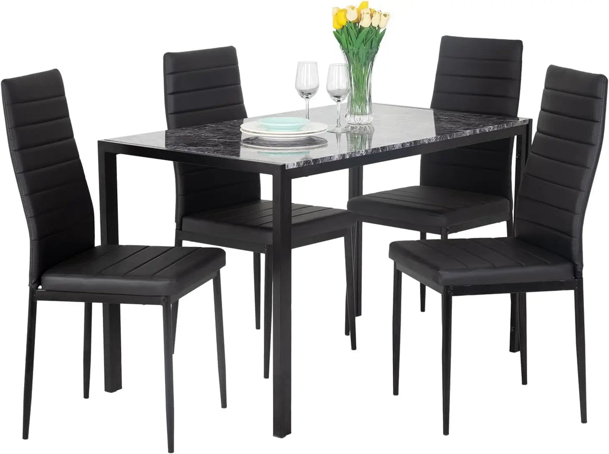 Dining Table and Chairs Set, Modern Rectangular Marble Table top with 4 Chairs PU Leather for Dining Room and Kitchen,  Marble