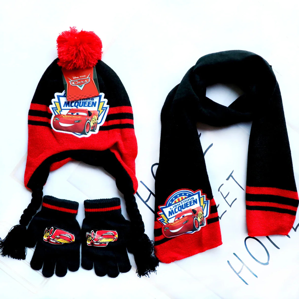 Disney Autumn Winter Cute Children Cars Cartoon Scarf Hat glove three-piece Warm Boy Girl Plush ear protection cap Child hat