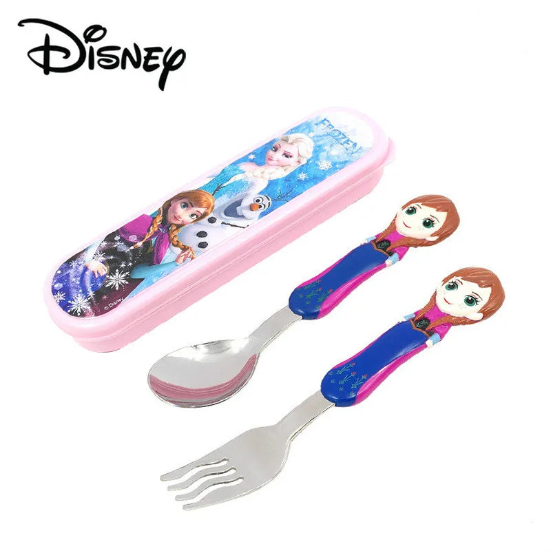 Disney Frozen Elsa Princess Spoon Baby Feeding Cute Mickey 3D Cartoon Kids Spoon and Fork Set Travel Cutlery Set Utensils Metal