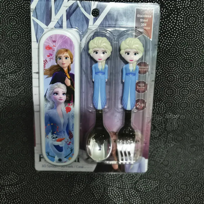 Disney Frozen Elsa Princess Spoon Baby Feeding Cute Mickey 3D Cartoon Kids Spoon and Fork Set Travel Cutlery Set Utensils Metal