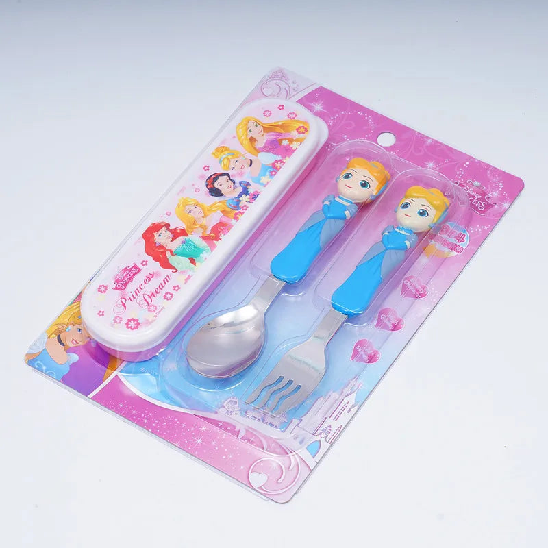 Disney Frozen Elsa Princess Spoon Baby Feeding Cute Mickey 3D Cartoon Kids Spoon and Fork Set Travel Cutlery Set Utensils Metal