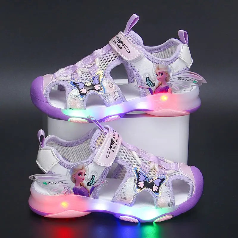 Disney Girls' Sandals Lights Summer Style Children's Anti-skid Soft Soles Elsa Princess Carton Shoes Pink Purple Size 23-36