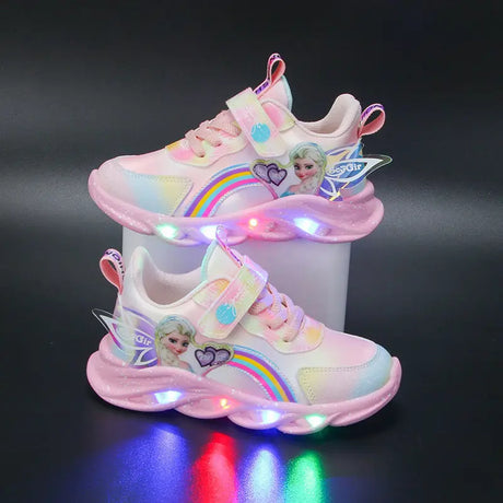 Disney Girls' Shoes LED Lights Spring Mesh Breathable Girls' Sports  Princess Elsa Pink Purple Shoes Sneakers Size 22-37