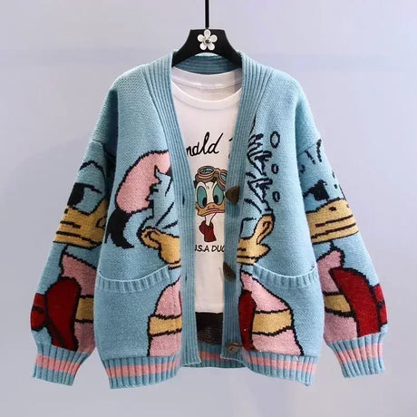 Disney Knitted Cardigan Japanese Donald Cartoon Sweaters for Women Coat Female Autumn and Winter Loose Wild Thicken Kawaii Tops