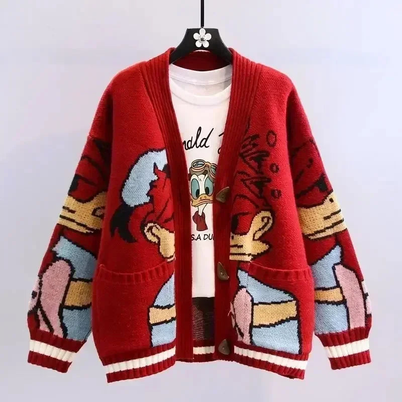 Disney Knitted Cardigan Japanese Donald Cartoon Sweaters for Women Coat Female Autumn and Winter Loose Wild Thicken Kawaii Tops