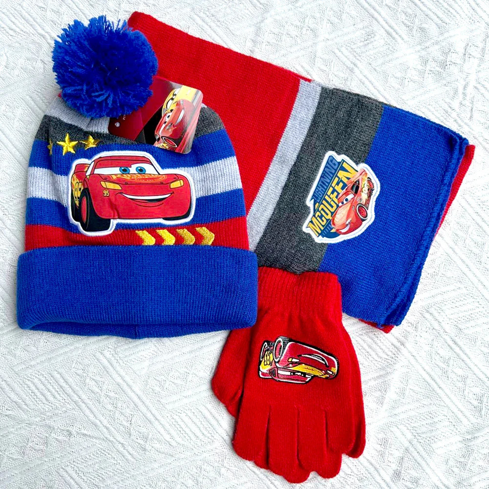 Disney New Autumn and Winter Children McQueen Cartoon Scarf Hat glove three-piece Warm Boy Girl blue grey stripe Car Child hat