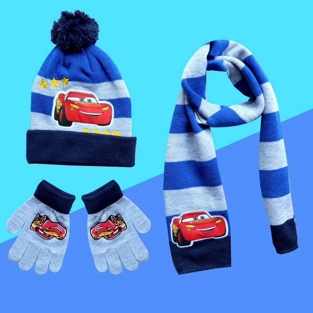 Disney New Autumn and Winter Cute Car Children stripe Cartoon Scarf Hat glove three-piece Warm Boy Girl Child hat