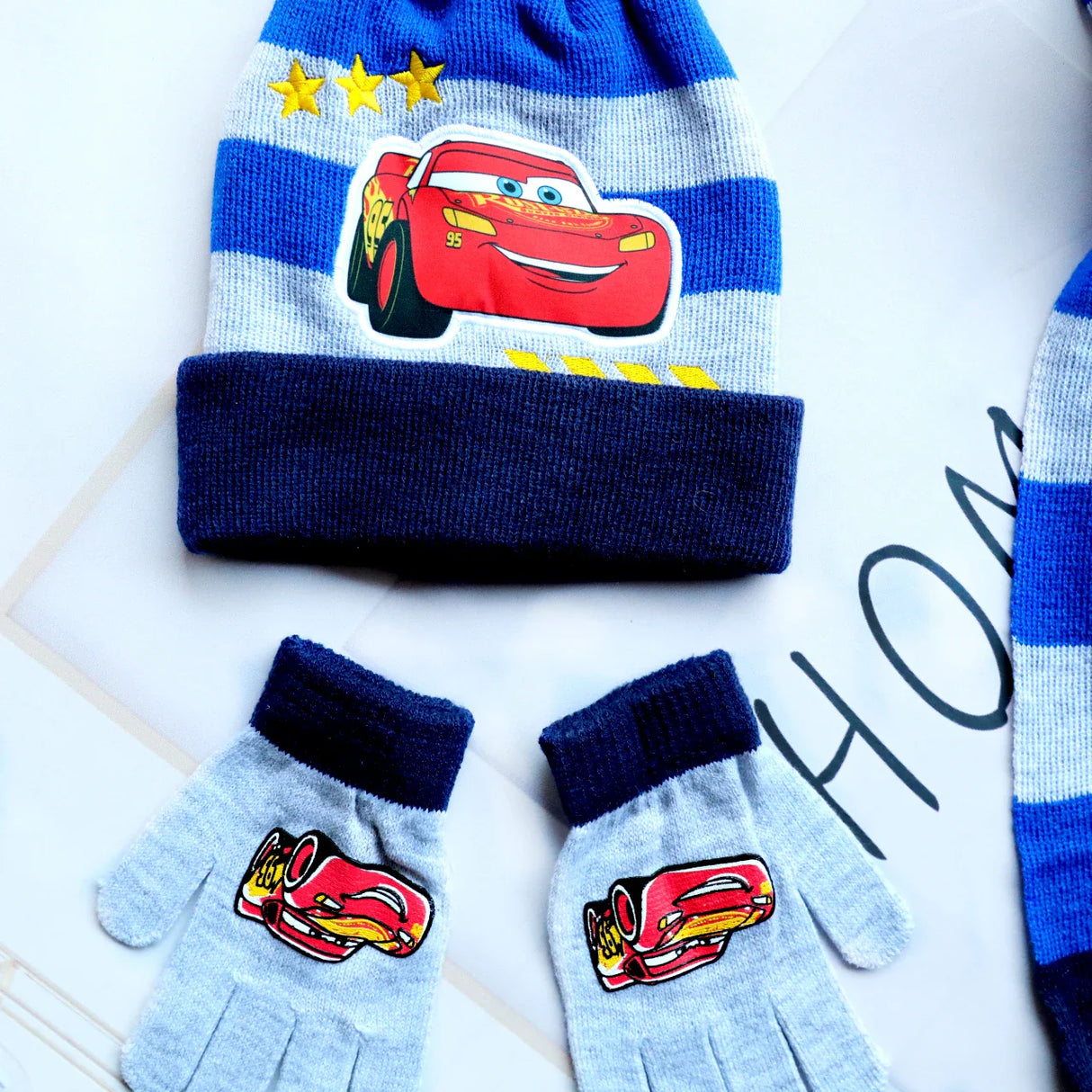 Disney New Autumn and Winter Cute Car Children stripe Cartoon Scarf Hat glove three-piece Warm Boy Girl Child hat