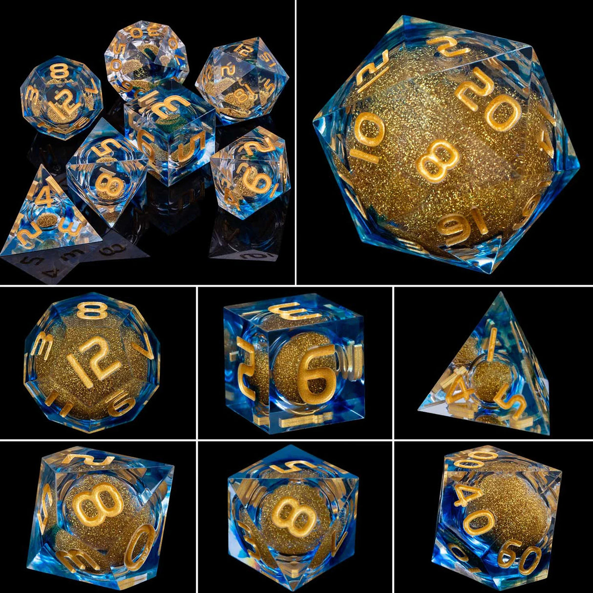 Dnd D20 Black Blue Liquid Flow Eye Dice Set & Ring D and D Sharp Edge Dice For Dungeon and Dragon Pathfinder Role Playing Games