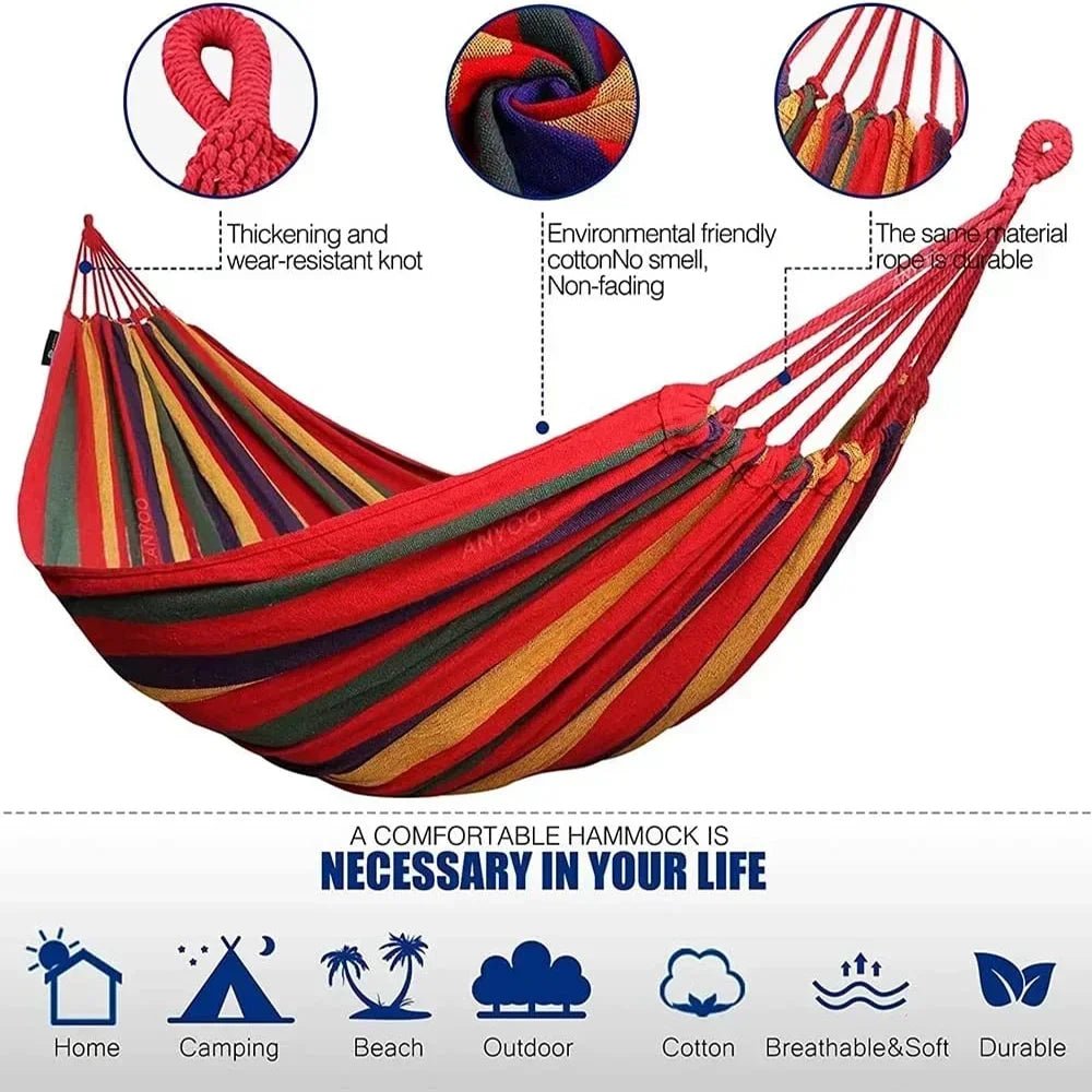 Double Hammock 2 Person Canvas Cotton Hammock with Tree Straps for Patio Garden Backyard Outdoor and Indoor (Red Sleeping Blue)