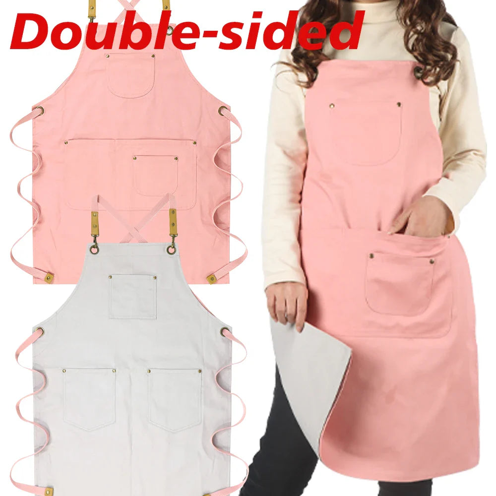 Double Side Custom Logo Exquisite Embroidery Cotton Canvas Couple Apron With Adjustable Straps Gift Kitchen Restaurant Men Women