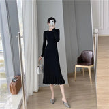 Dresses for Women Cover Up Midi Formal Clothes Solid Woman Dress Knee Length Black White Crochet Trendy Korean Fashion Knitted