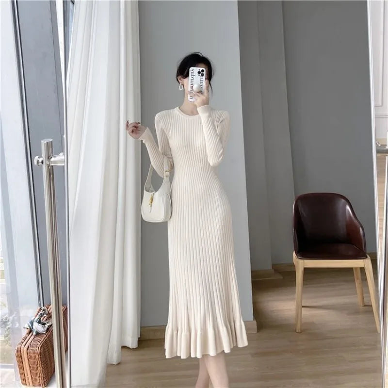 Dresses for Women Cover Up Midi Formal Clothes Solid Woman Dress Knee Length Black White Crochet Trendy Korean Fashion Knitted