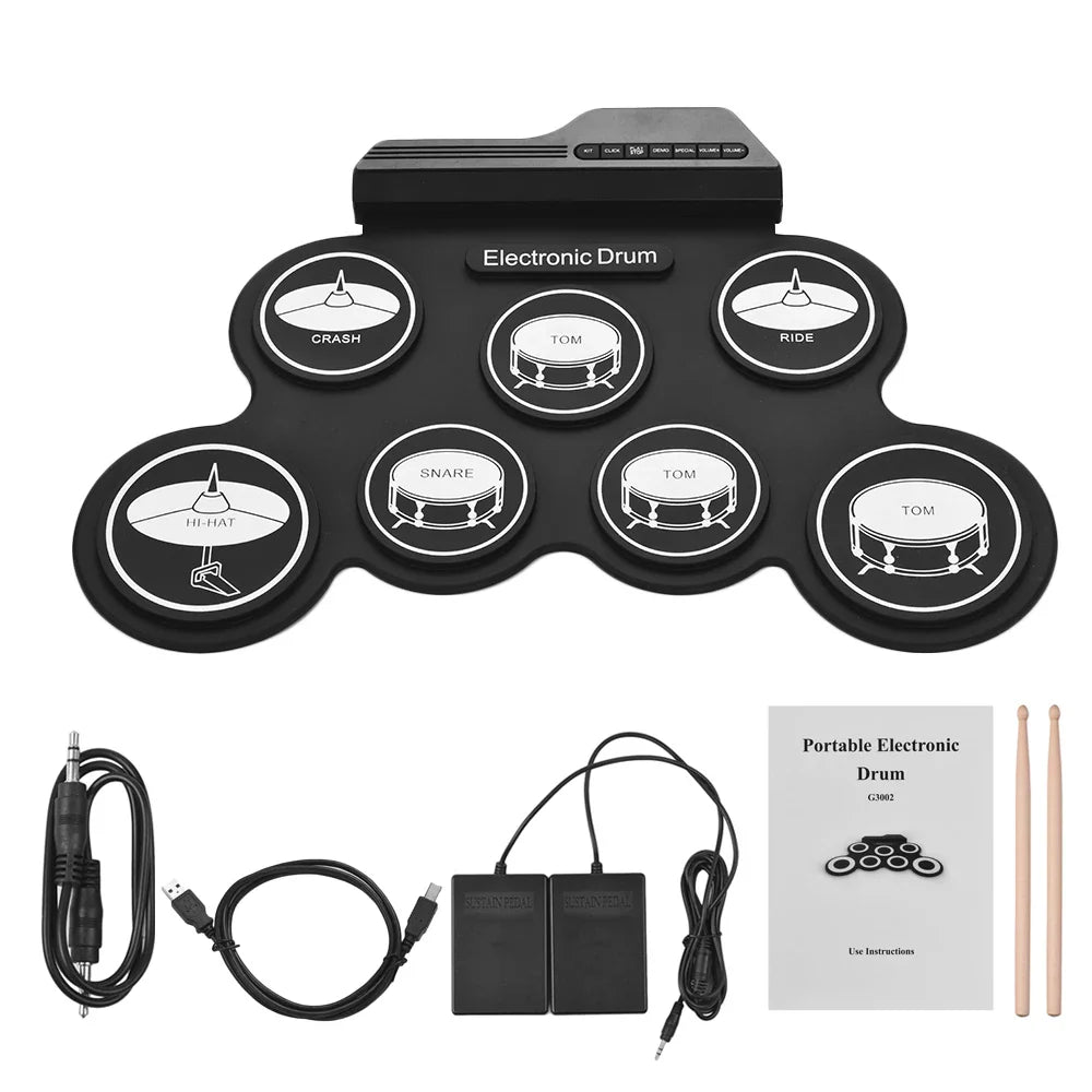 Drum Electronic Drum Set Compact Size USB Folding Silicon Drum Pad Digital Electronic Drum Kit 7-Pad with Drumsticks Foot Pedals