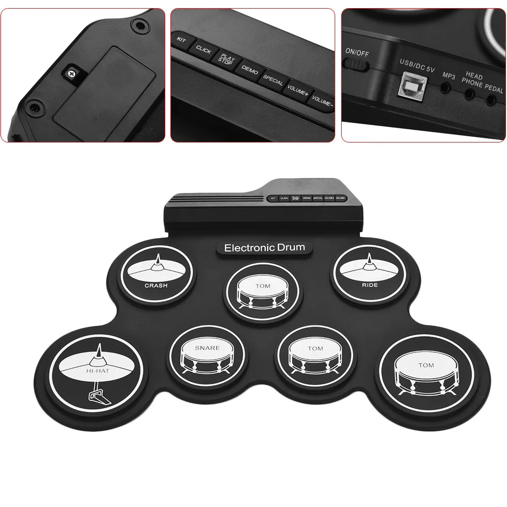 Drum Electronic Drum Set Compact Size USB Folding Silicon Drum Pad Digital Electronic Drum Kit 7-Pad with Drumsticks Foot Pedals