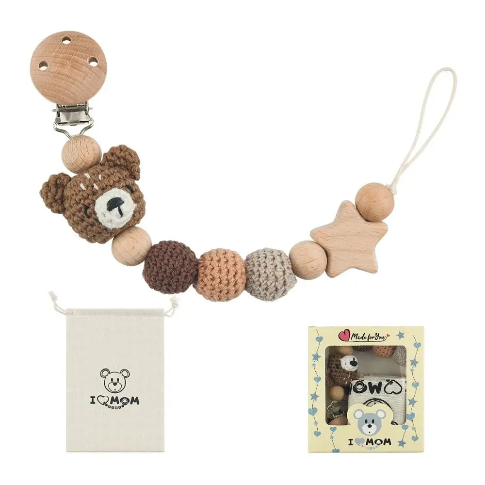 Dummy Clips Children Wood Pacifier Holder Clips Baby Teether Toys Straps Crochet Animal Pacifier Clips Baby Pacifier Chain