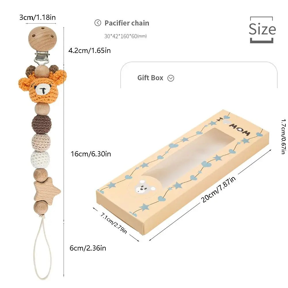 Dummy Clips Children Wood Pacifier Holder Clips Baby Teether Toys Straps Crochet Animal Pacifier Clips Baby Pacifier Chain