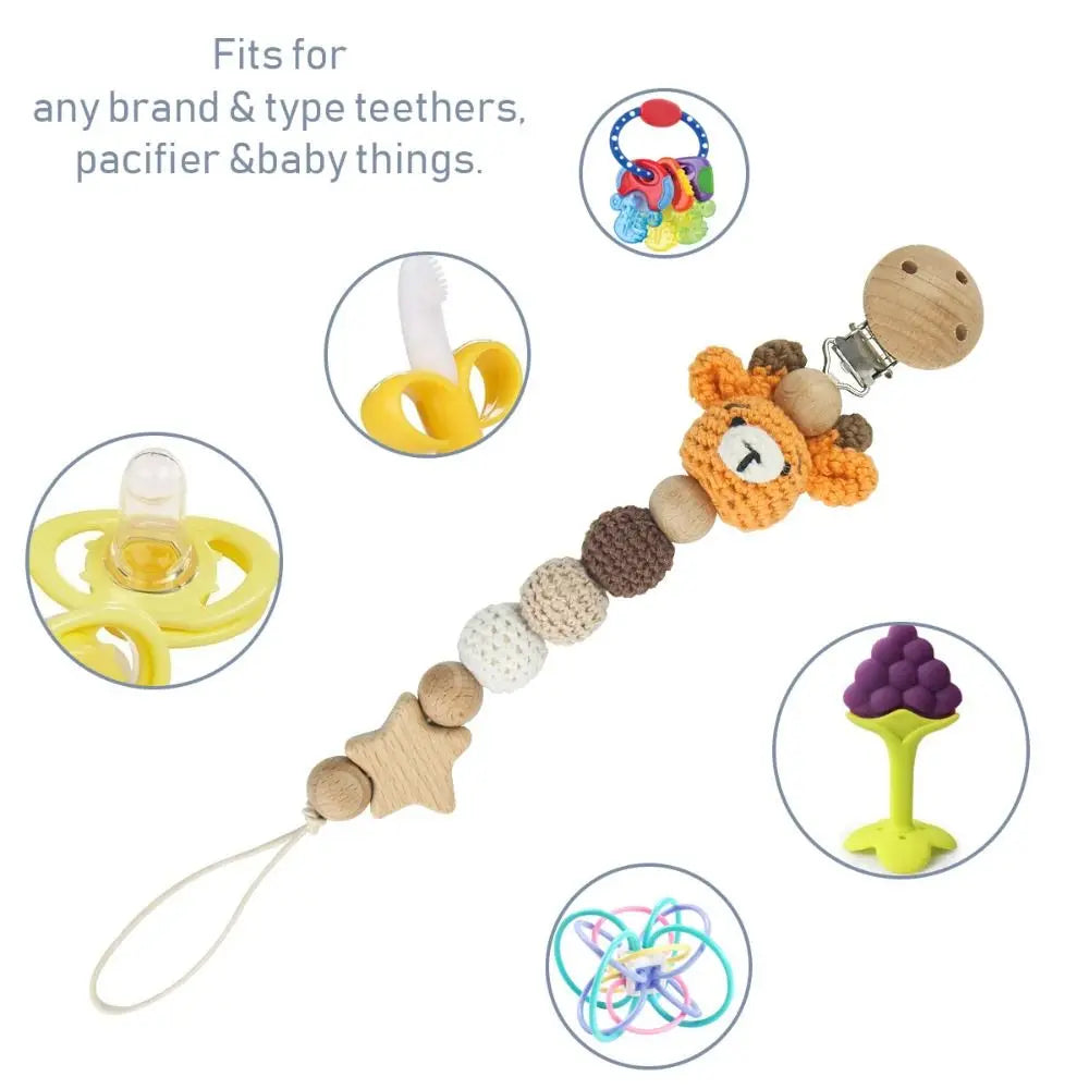 Dummy Clips Children Wood Pacifier Holder Clips Baby Teether Toys Straps Crochet Animal Pacifier Clips Baby Pacifier Chain