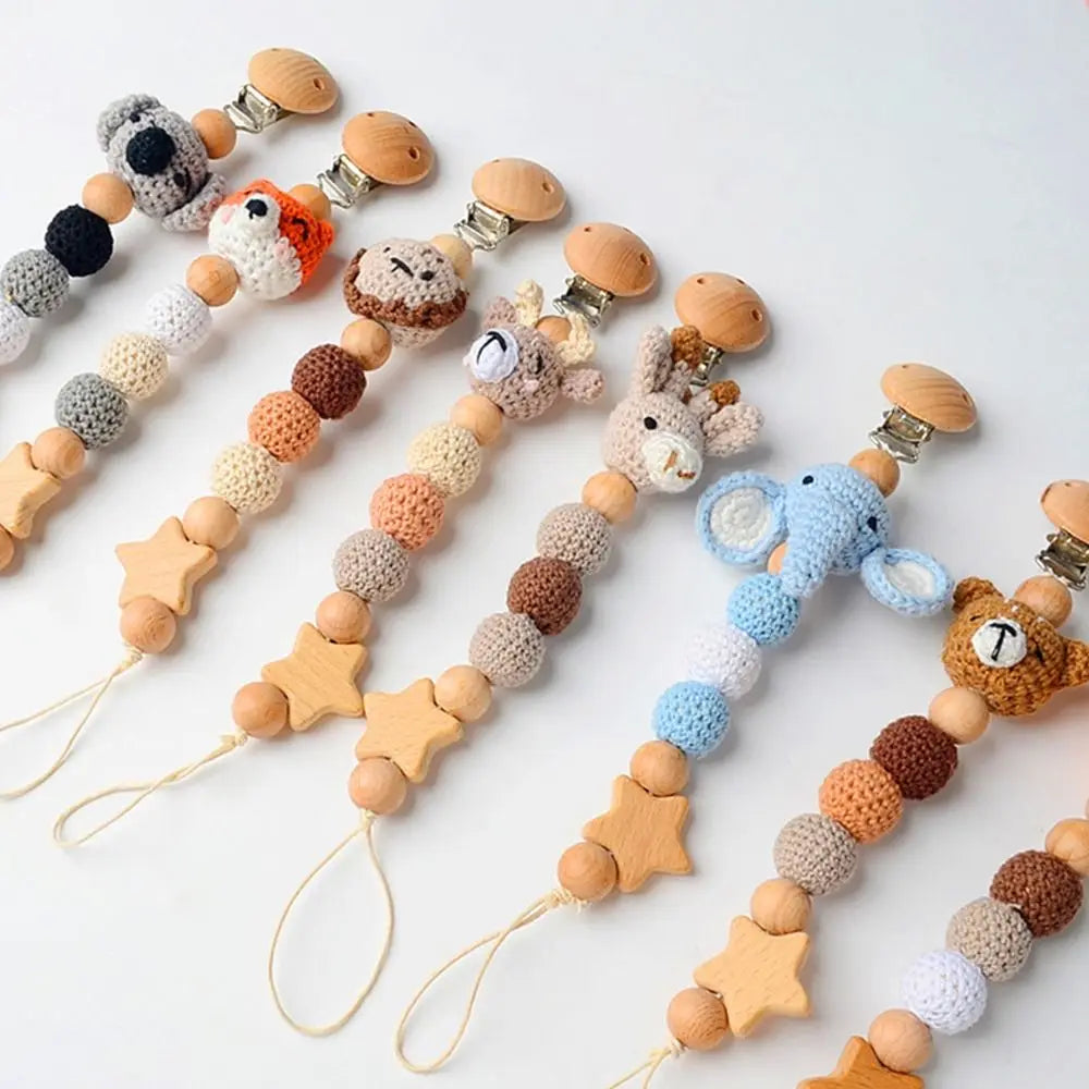 Dummy Clips Children Wood Pacifier Holder Clips Baby Teether Toys Straps Crochet Animal Pacifier Clips Baby Pacifier Chain