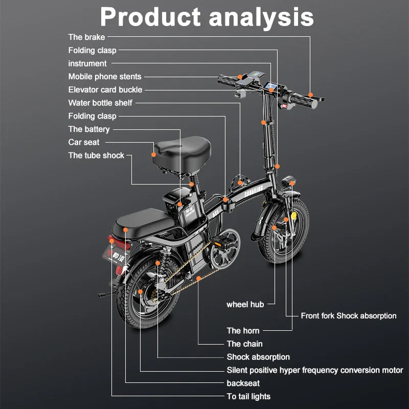 E Bike Folding Electric Bicycle 14 Inches 48V 25Ah Lithium Battery Electric Bicycle 400W Motor Adult Mobility Electric Bicycle