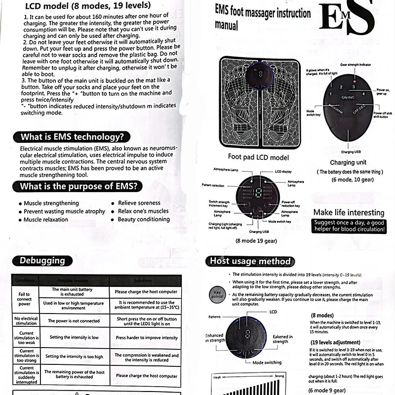 EMS Pulse Foot Massger Sole Massage Pad Current Stimulation 8 Modes 19 Level Relaxation USB Charging Therapy Instrument