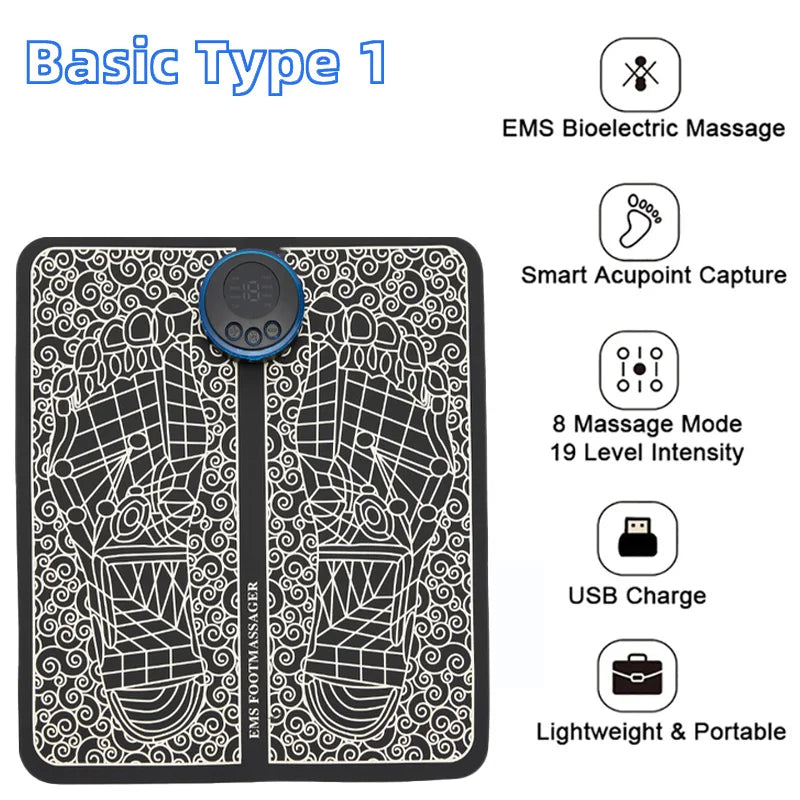 EMS Pulse Foot Massger Sole Massage Pad Current Stimulation 8 Modes 19 Level Relaxation USB Charging Therapy Instrument