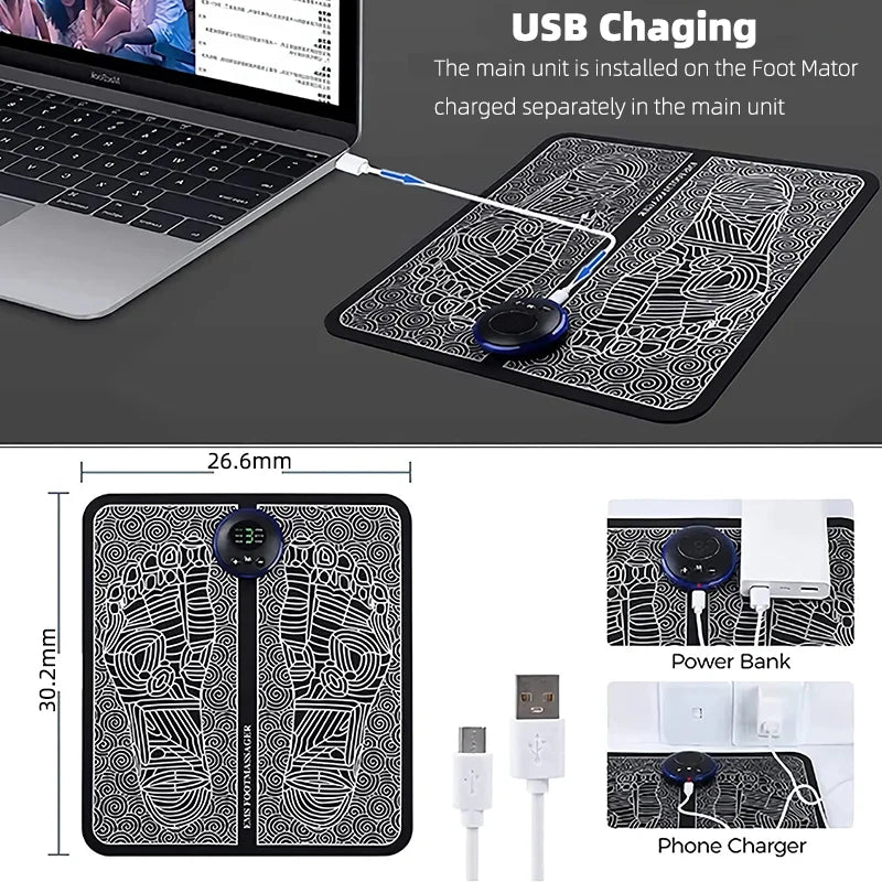 EMS Pulse Foot Massger Sole Massage Pad Current Stimulation 8 Modes 19 Level Relaxation USB Charging Therapy Instrument