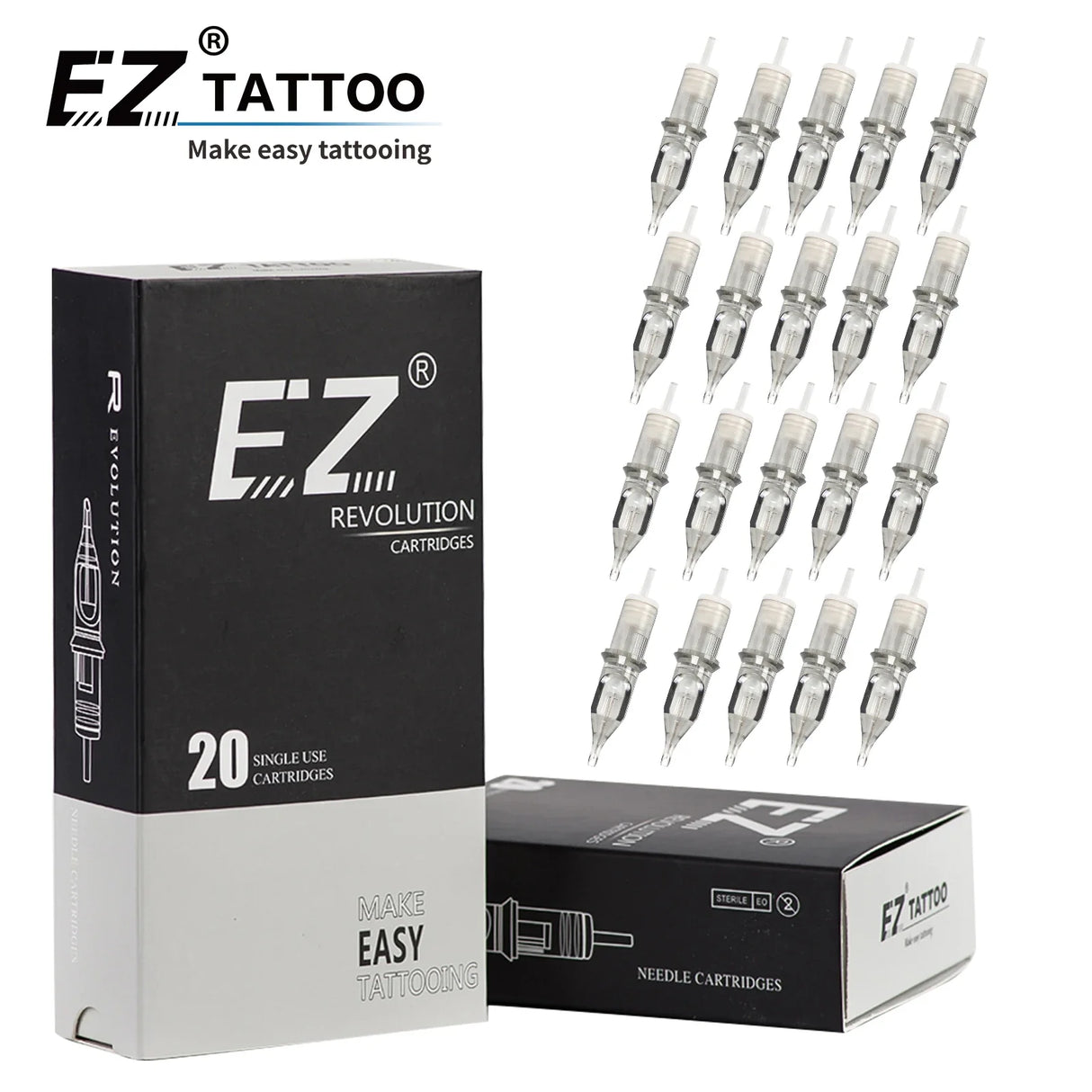 EZ Revolution Tattoo Cartridge Needle Round Liner (RL)  #12 (0.35 MM) #10 (0.30 ) Long Taper Rotary Machine Supply 20 Pcs/Box