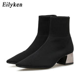 Eilyken Fashion Knitted Stretch Fabric Sewing Women Ankle Boots Square Heels Winter Pointed Toe Ladies Sock Booties