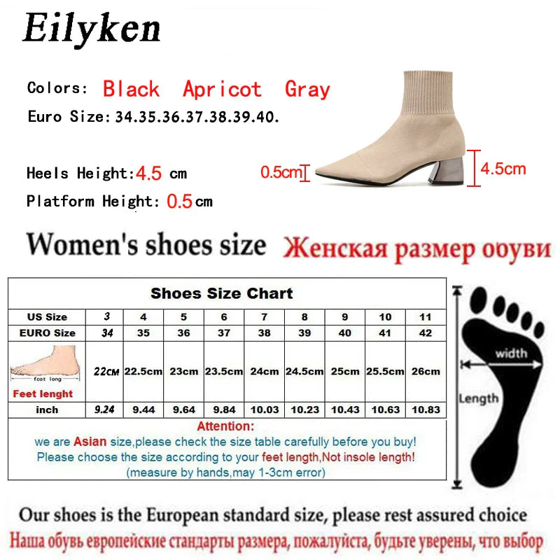 Eilyken Fashion Knitted Stretch Fabric Sewing Women Ankle Boots Square Heels Winter Pointed Toe Ladies Sock Booties