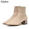 Eilyken Fashion Knitted Stretch Fabric Sewing Women Ankle Boots Square Heels Winter Pointed Toe Ladies Sock Booties