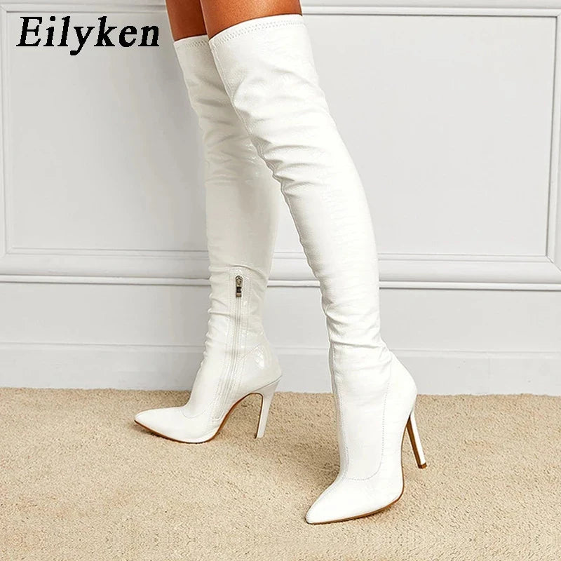 Eilyken Sexy Snake Print Leather Pointed Toe Women Over The Knee Boots Fashion Zipper Winter Stripper Motorcycle Shoes