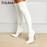 Eilyken Sexy Snake Print Leather Pointed Toe Women Over The Knee Boots Fashion Zipper Winter Stripper Motorcycle Shoes