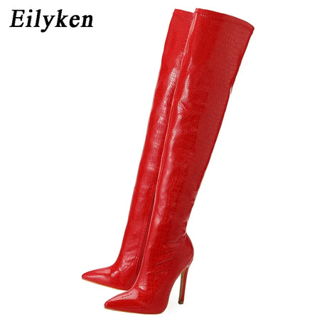 Eilyken Sexy Snake Print Leather Pointed Toe Women Over The Knee Boots Fashion Zipper Winter Stripper Motorcycle Shoes