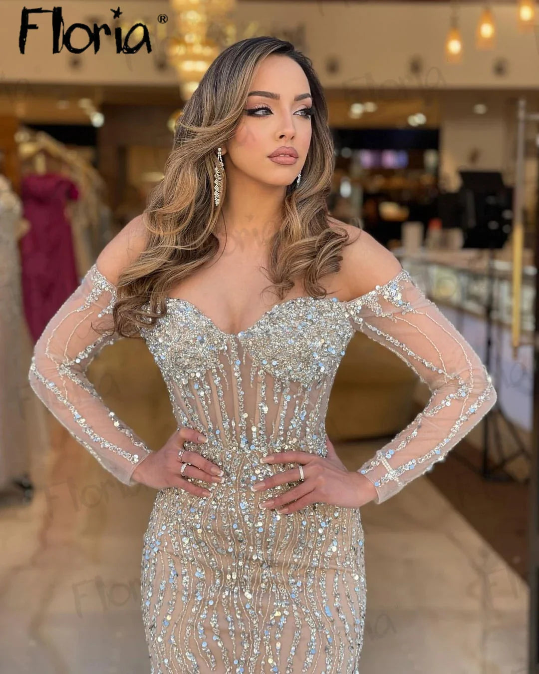 Eleagnt Off Shoulder Long Sleeve Party Dress With Luxury Beaded Sequins For Women 2023 Champagne Wedding Event Evening Dresses