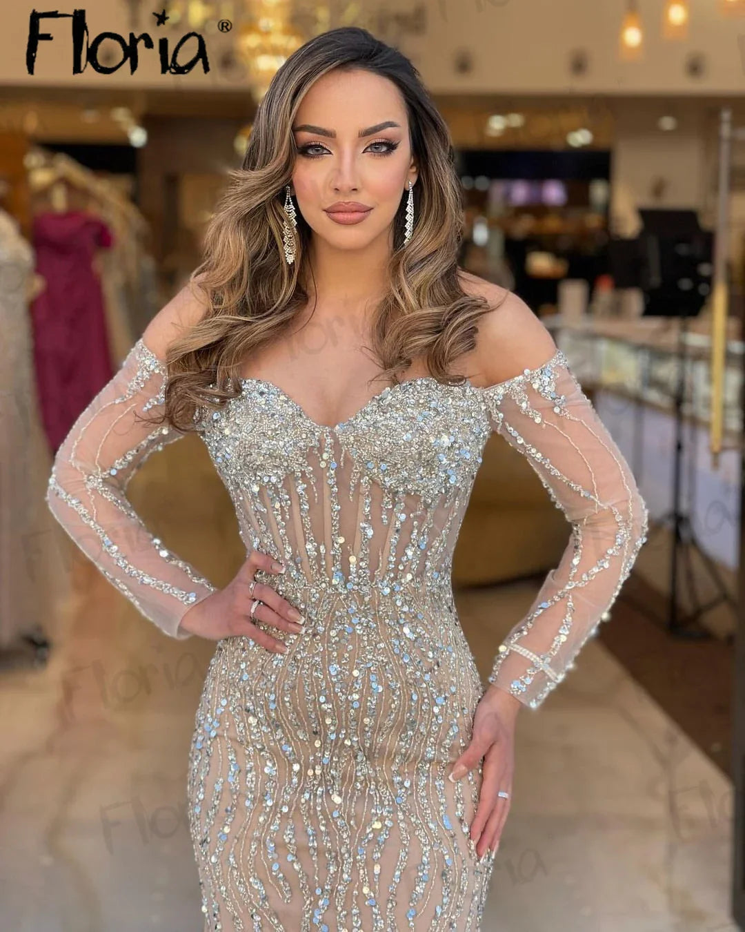 Eleagnt Off Shoulder Long Sleeve Party Dress With Luxury Beaded Sequins For Women 2023 Champagne Wedding Event Evening Dresses