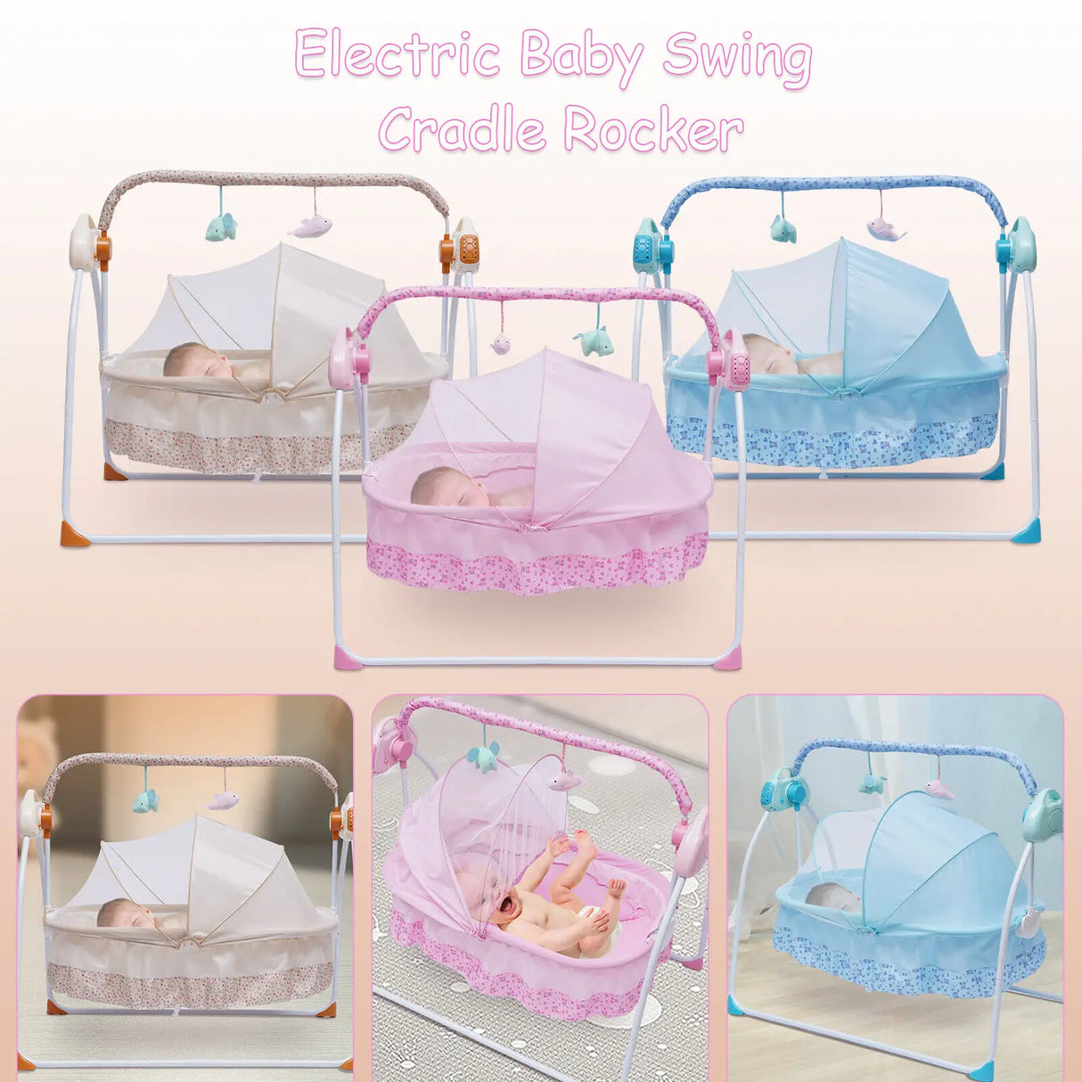 Electric Baby Cradle Auto Swing Rocker Cot Infant Sleeping Bed Swing Crib Kit Timer+Bluetooth Music+Mat+Pillow 5Gears Adjustable