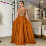 Elegant A-Line Chiffon Prom Dress Long Beaded Appliques Scoop Cap Sleeves Evening Gowns Illusion Back Formal Occasion Dresses